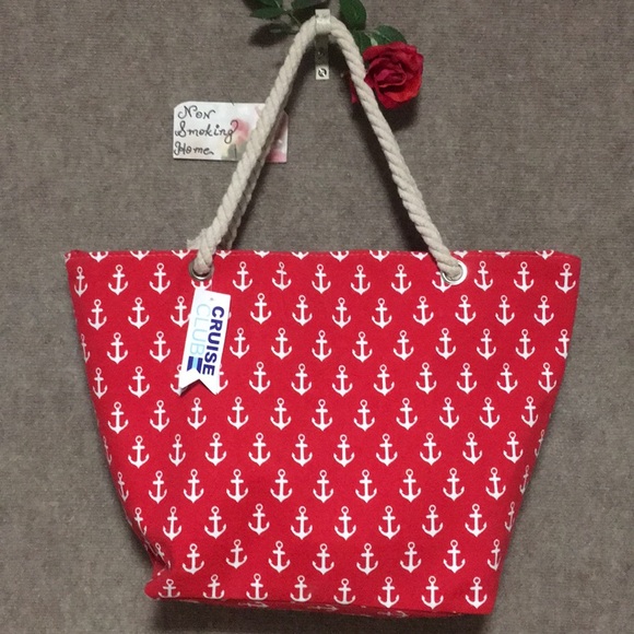 Cruise Club Handbags - RED BEACH BAG ANCHOR DESIGN ROPE HANDLES ZIPS